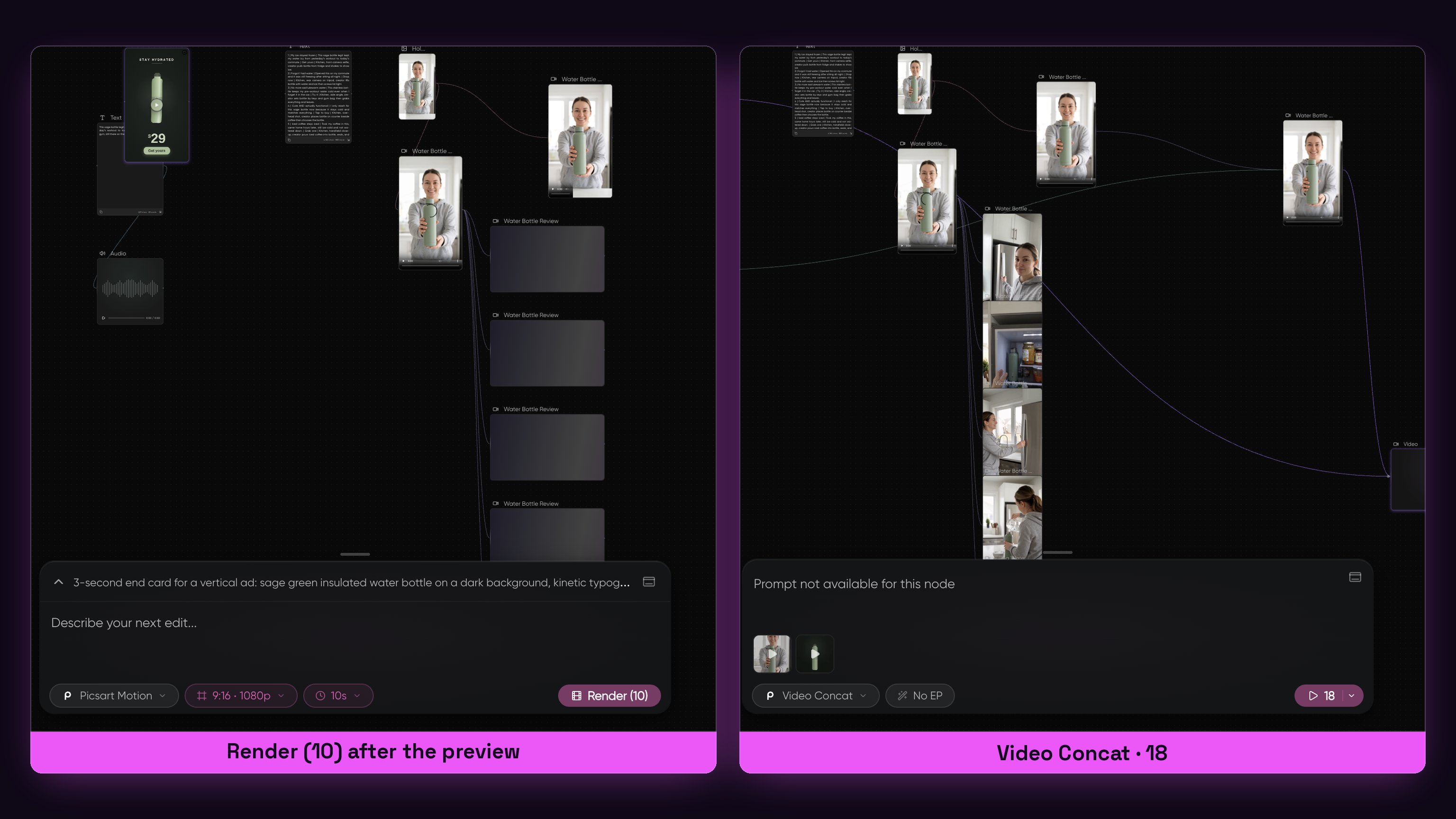 Render (10) on the left; Video Concat with both inputs wired on the right.