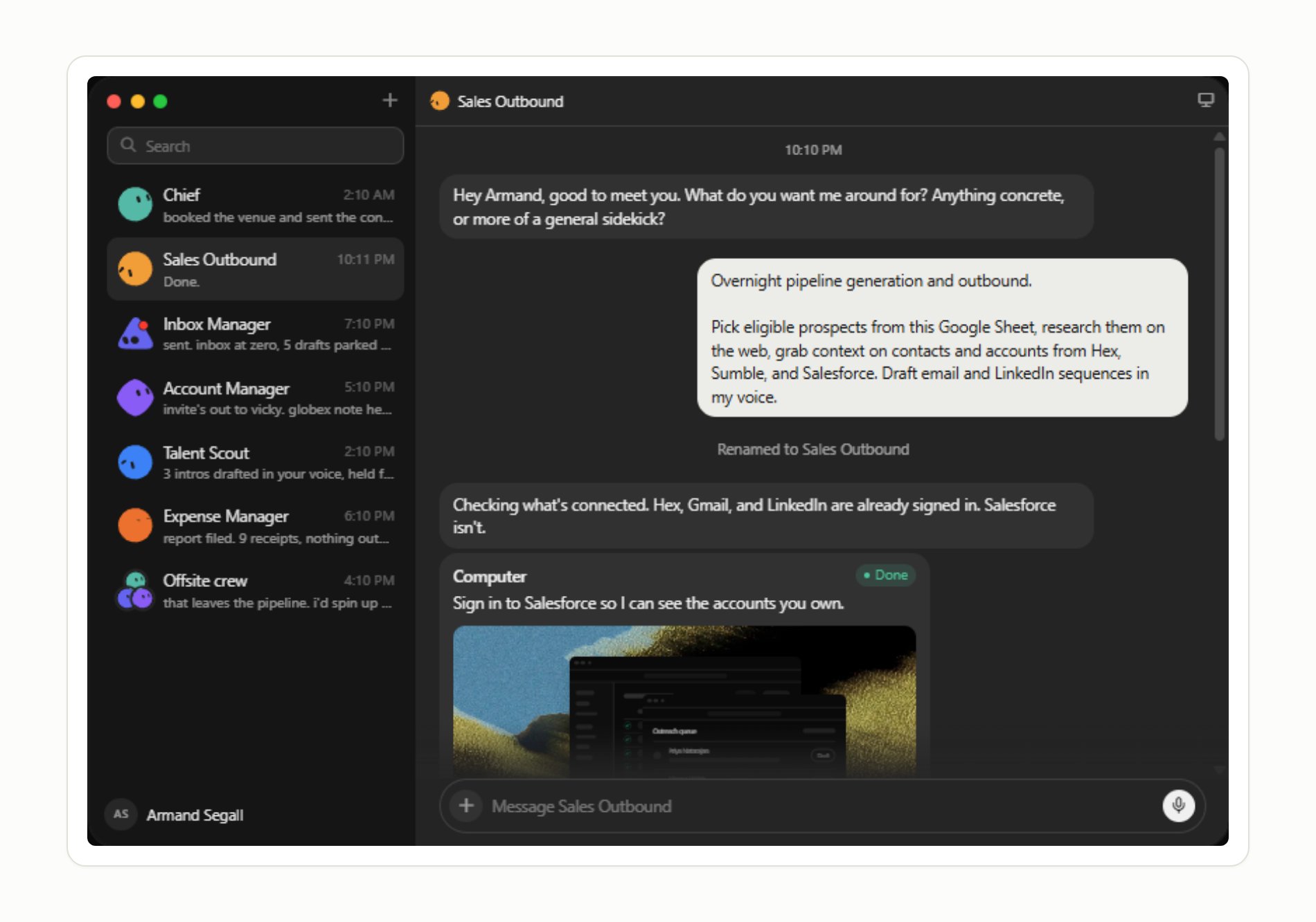 A "Computer" sub-task inside an actual browser window — this one finished signing into Salesforce and marked itself Done.