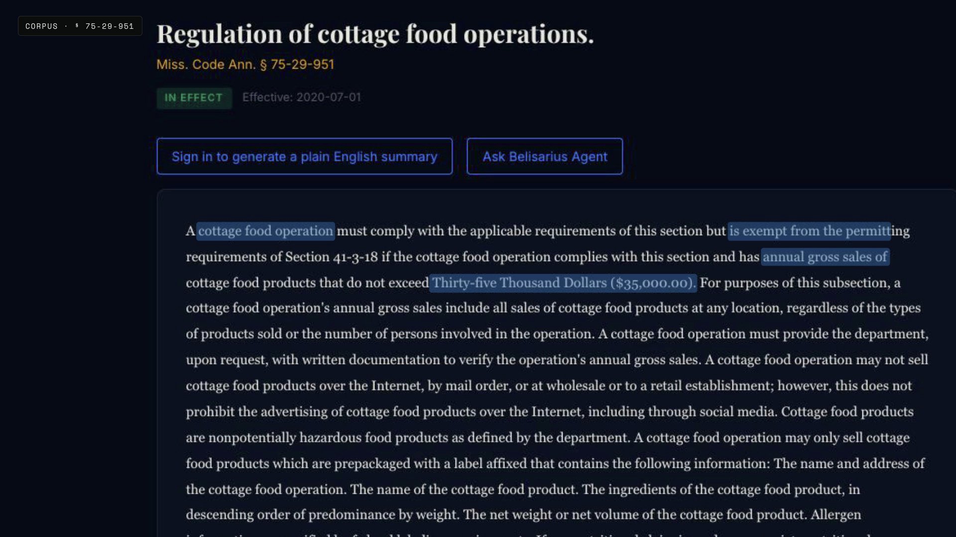 Regulation of cottage food operations citation
