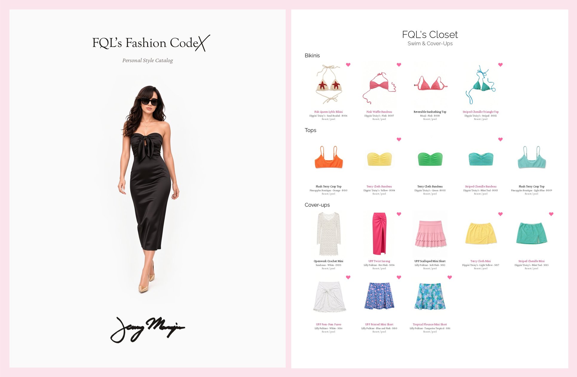 FQL's personal Fashion Codex cover and a category page: Swim & Cover-Ups.