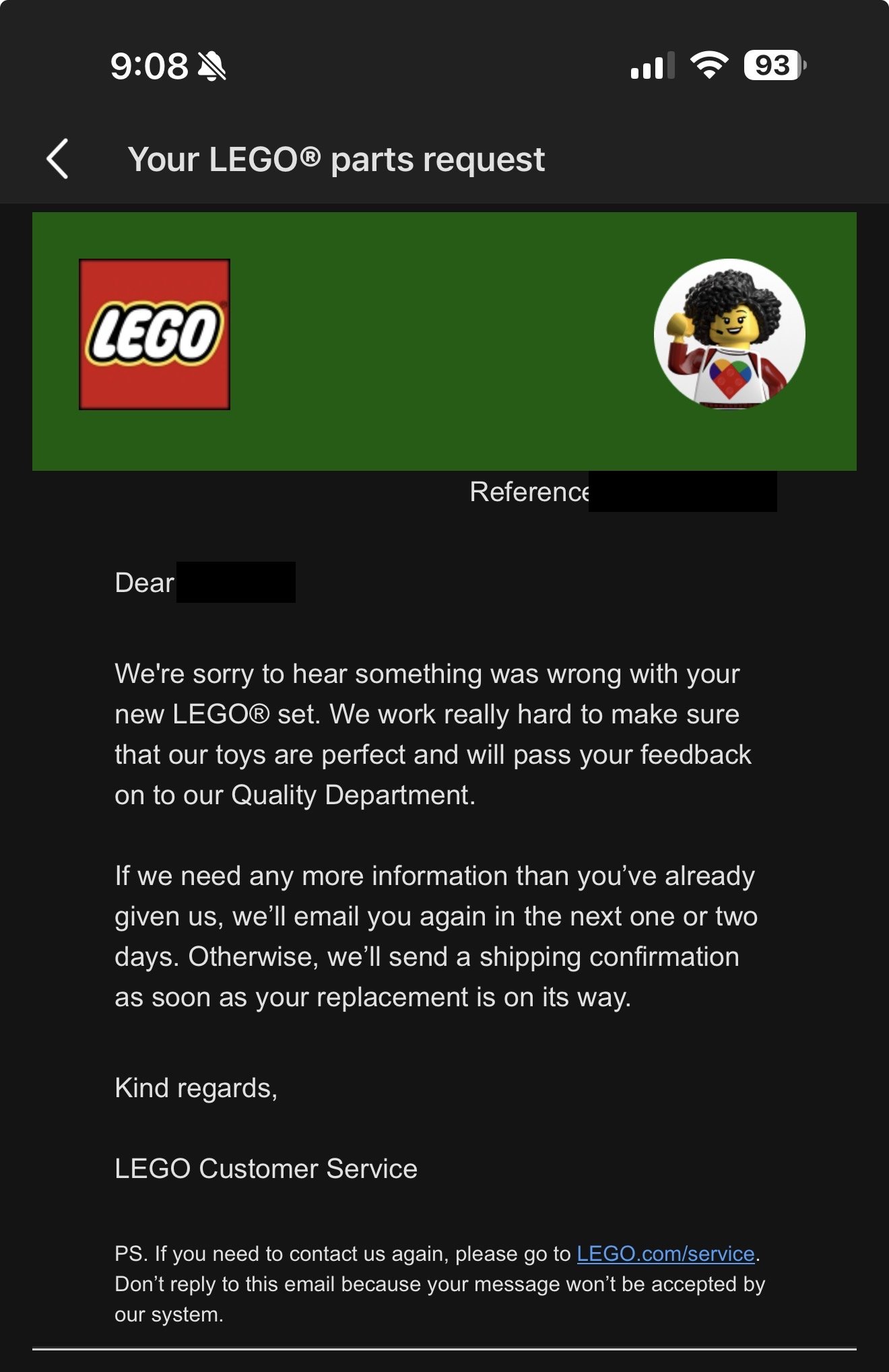 The LEGO Customer Service confirmation, with the reference number blacked out.