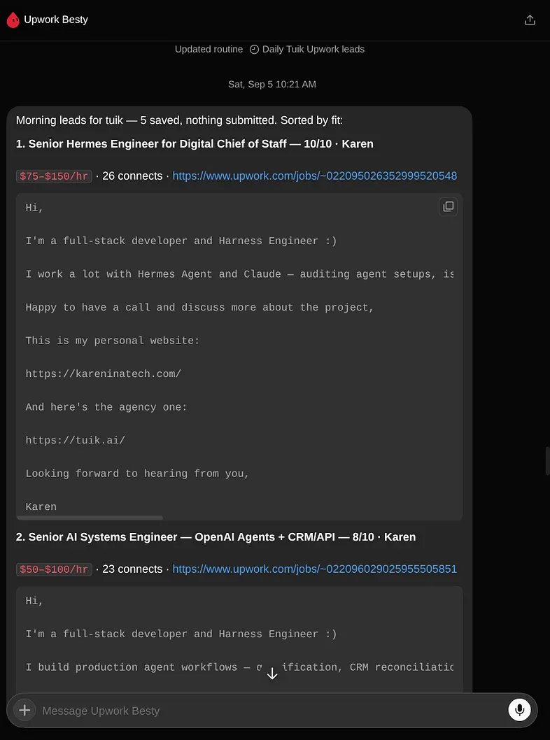 Grok Bot shows Upwork positions and application drafts