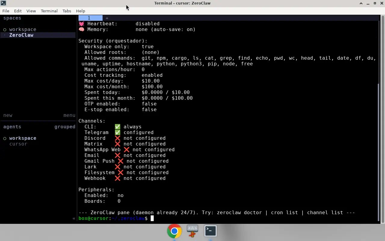 This is a screenshot of Zero Claw inside Grok Bot's terminal runned by Herdr