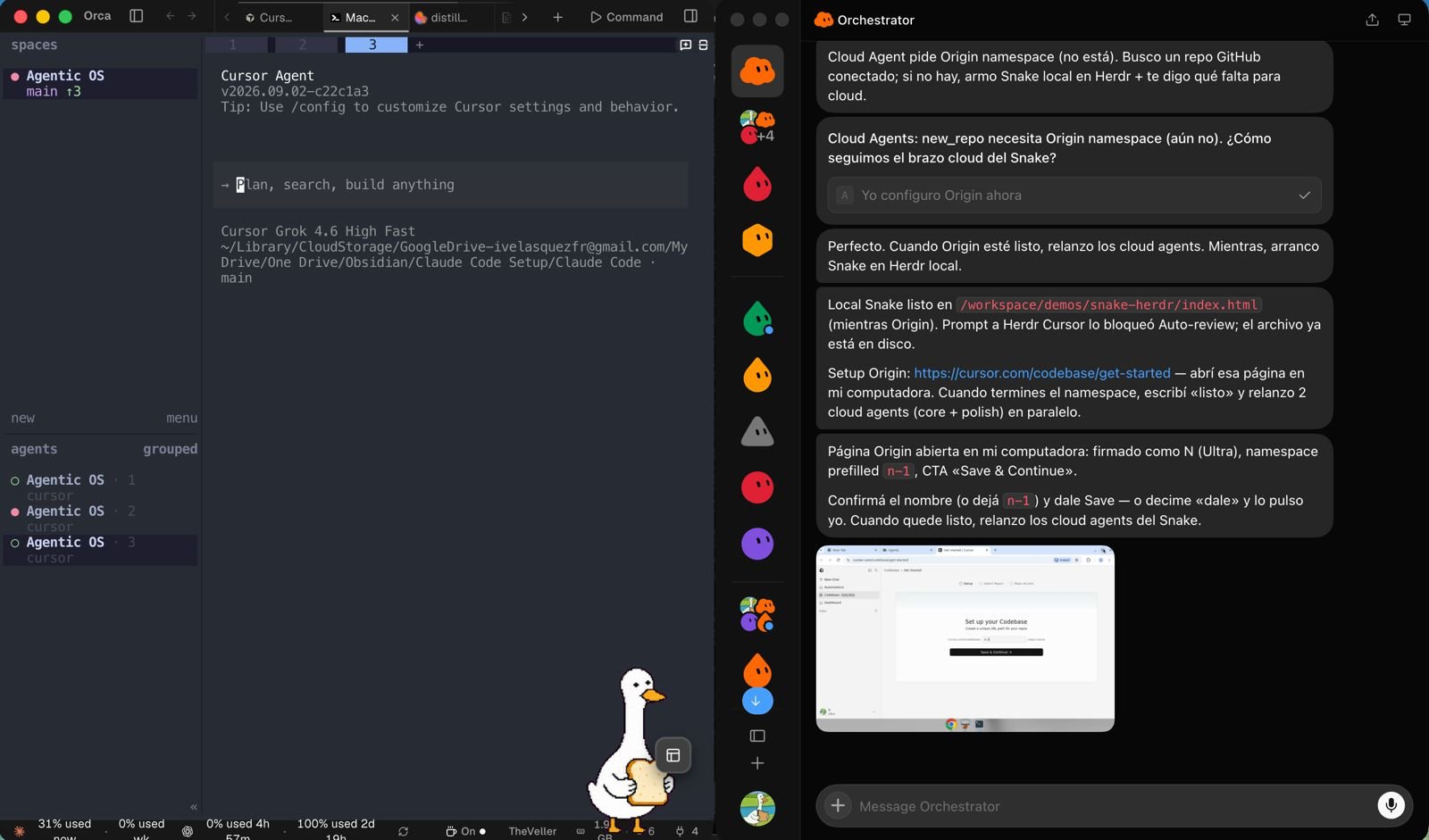 Screenshot of my personal computer with Orca + Herdr / Grok Bot open!