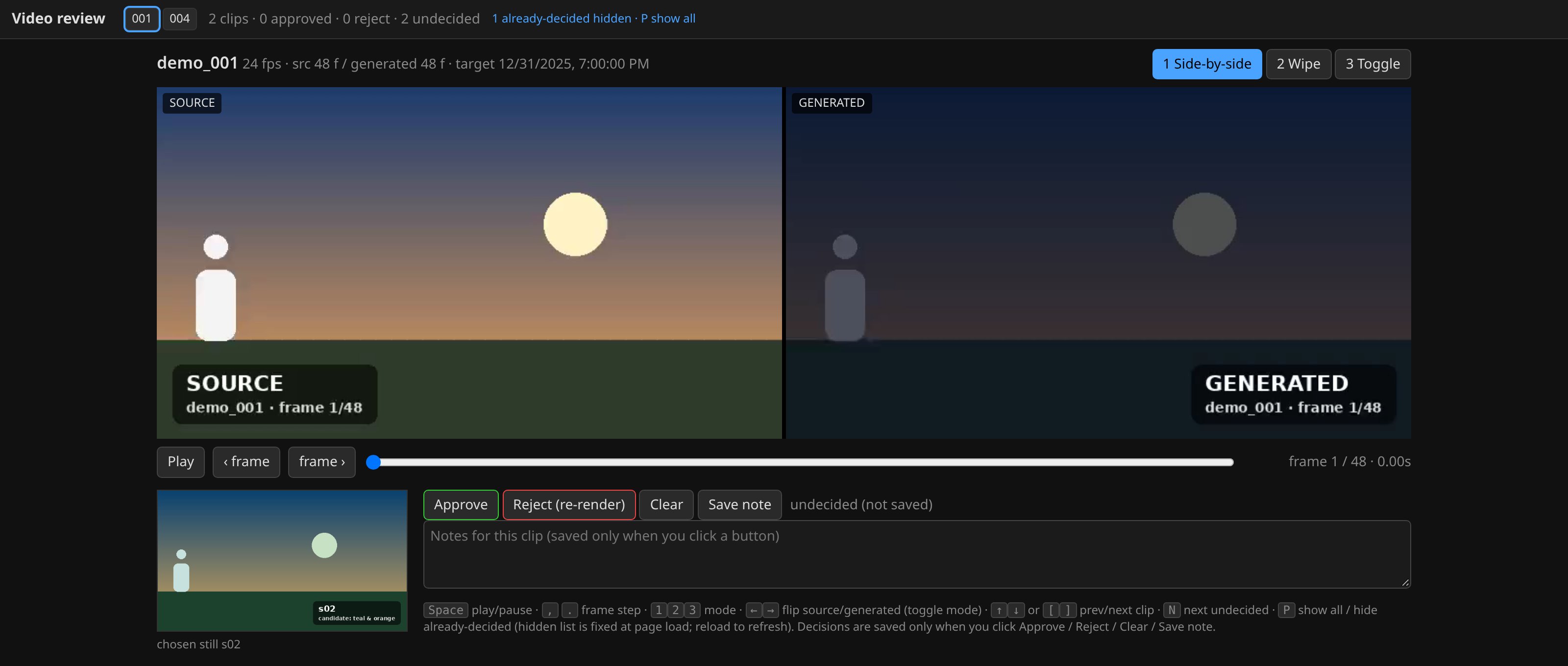Video review: before and after clips play in sync so you can approve or reject each pair.