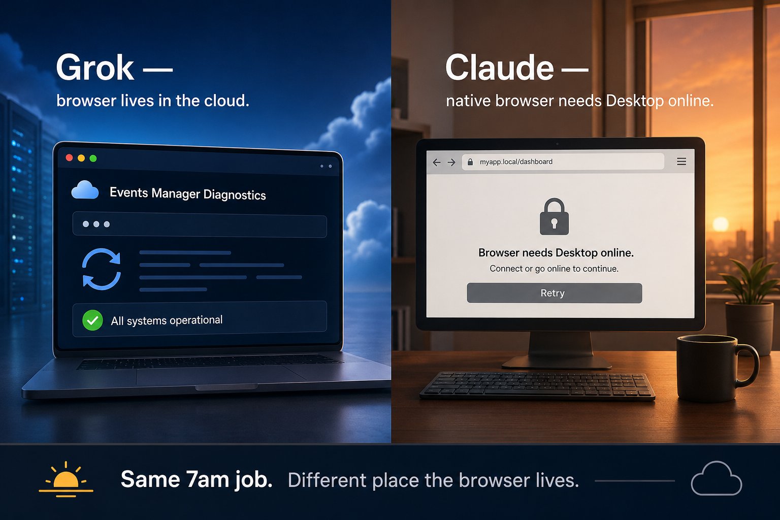 Grok can natively combine persistent signed-in browser + cloud computer + unattended schedule while the endpoint is off.
Claude can natively do any two of those. Not that exact three-part combo for Events Manager QA.
