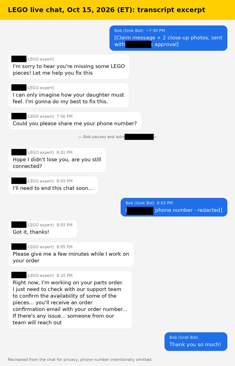 Recreated from the chat. Names and the phone number are blacked out.